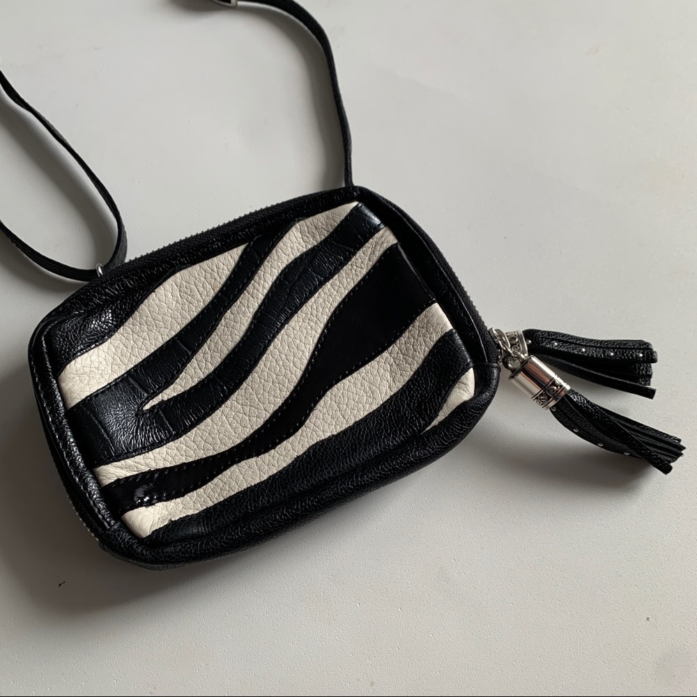 Brighton Zebra Print Leather Crossbody Bag Purse Black White Small - Picture 3 of 11